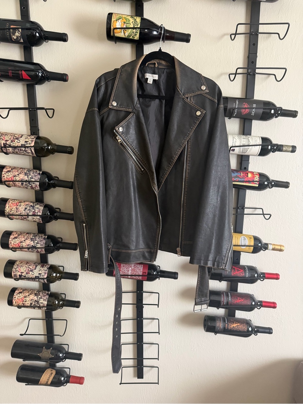 Topshop Black Faux Leather Biker Jacket with Belt